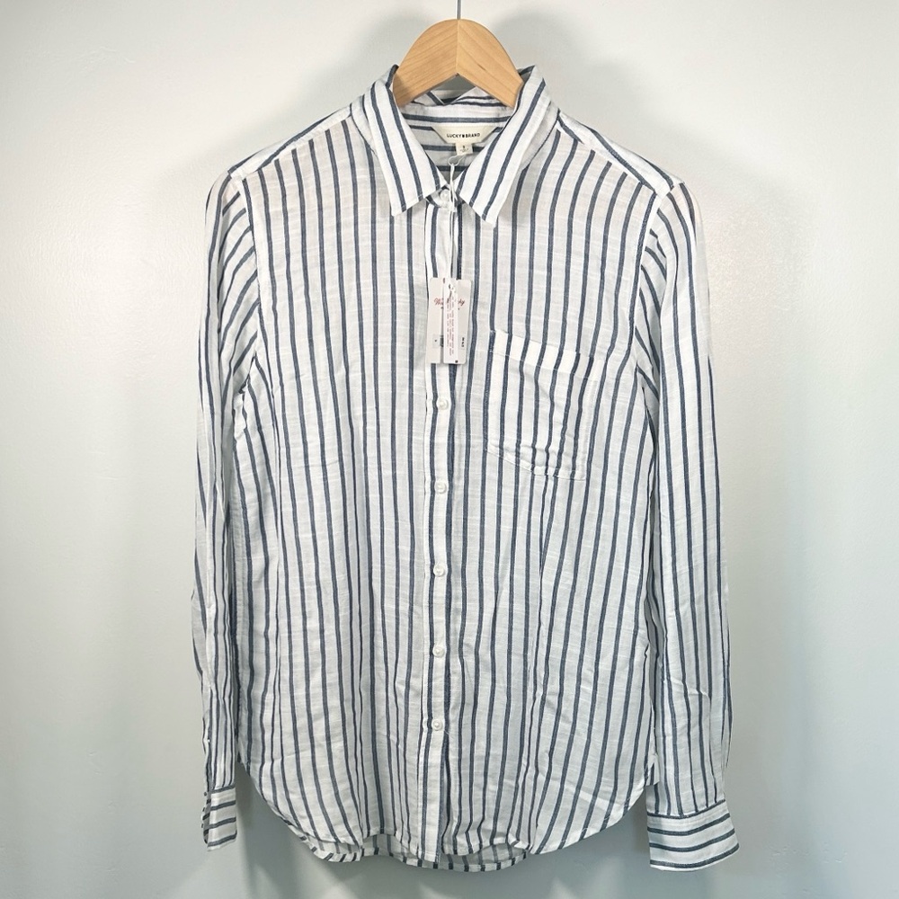 Lucky Brand Women’s Vertical Stripe Button-Down Shirt - White & Blue - Picture 3 of 16